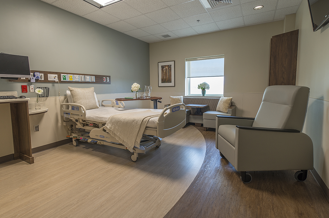 state-of-the-art patient room with calming color palette